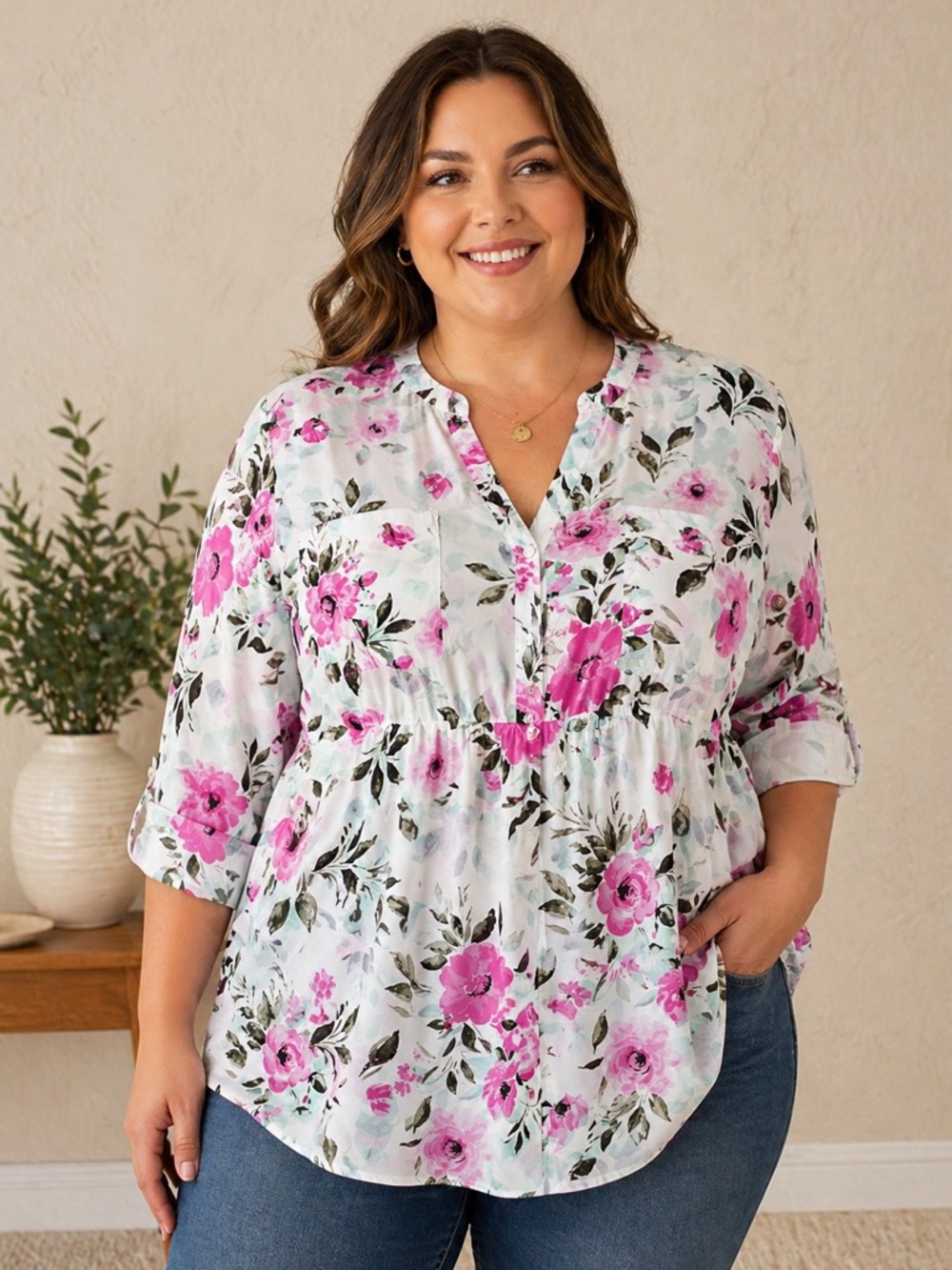 Torrid Floral Tunic Women 2 White Pink Babydoll Roll Tab Sleeve Boho Peplum